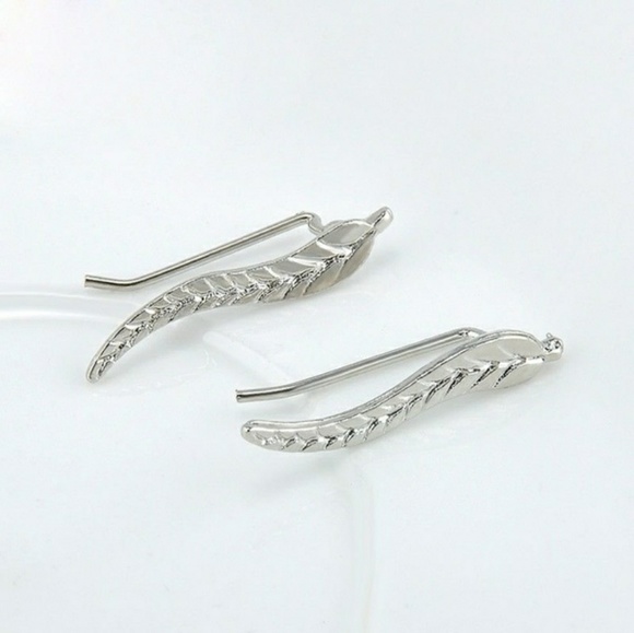 Silver Leaf Feather Ear Climber Earring ear ring - Picture 2 of 4